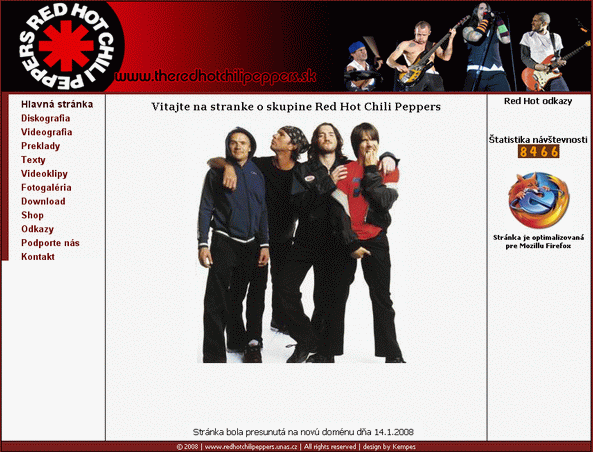 Jednoduchá webová stránka v roku 2008 už na platenej doméne theredhotchilipeppers.sk