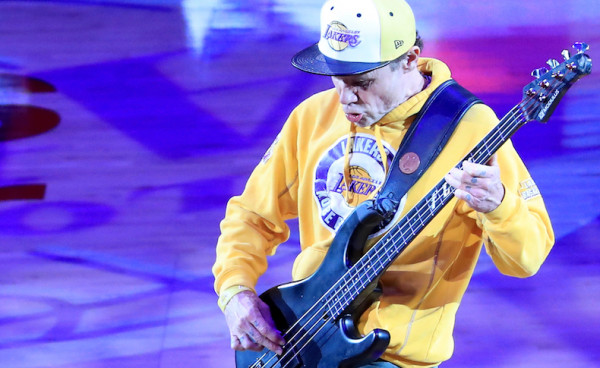LOS ANGELES, CA - APRIL 13: Musician Flea performs the national anthem before the Los Angeles Lakers take on the Utah Jazz at Staples Center on April 13, 2016 in Los Angeles, California. NOTE TO USER: User expressly acknowledges and agrees that, by downloading and or using this photograph, User is consenting to the terms and conditions of the Getty Images License Agreement. (Photo by Sean M. Haffey/Getty Images)